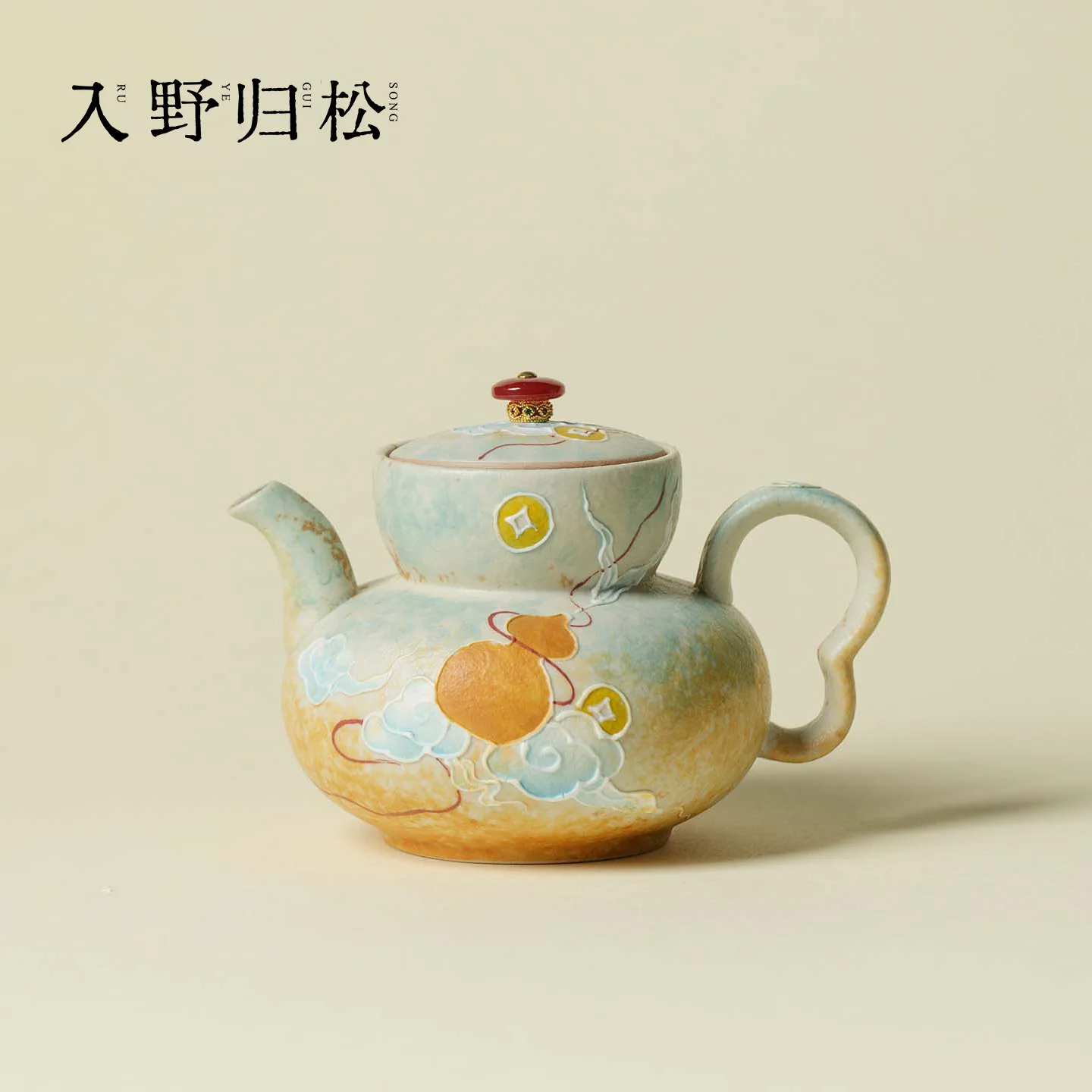 Ino Kiyosong Hand-Painted Auspicious Gourd Teapot Jingdezhen Handmade Ceramic With Jade Handle Single Teapot