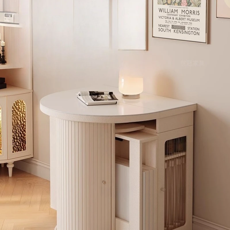 

Cream wind rock slab retractable dining table small apartment round household solid wood dual-purpose space saving