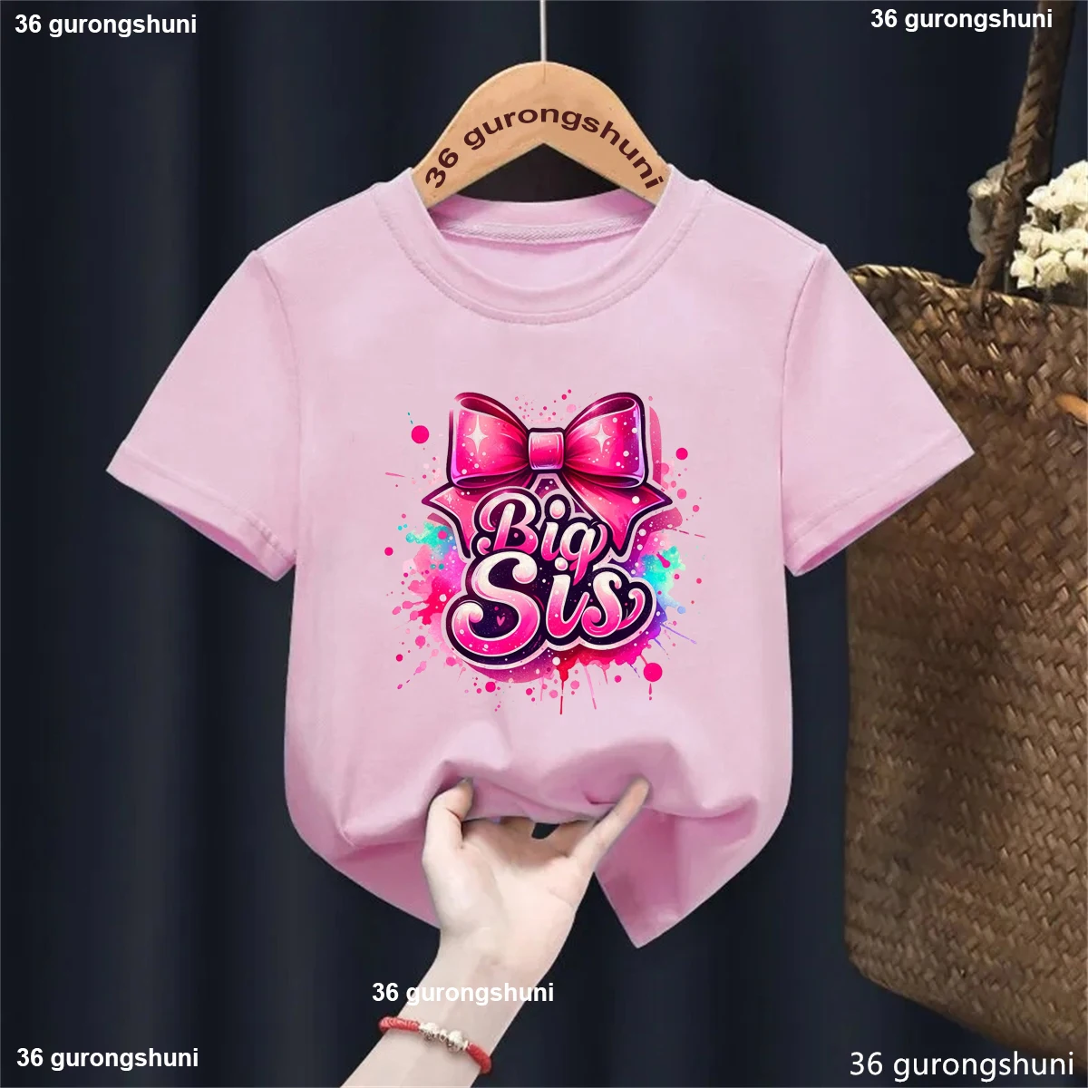 

Watercolor Big Sis Bow Graphic Printed Tshrt Girls Kawaii Birthday Gift Kids Clothes Summer Short Sleeve Solid T-Shirt