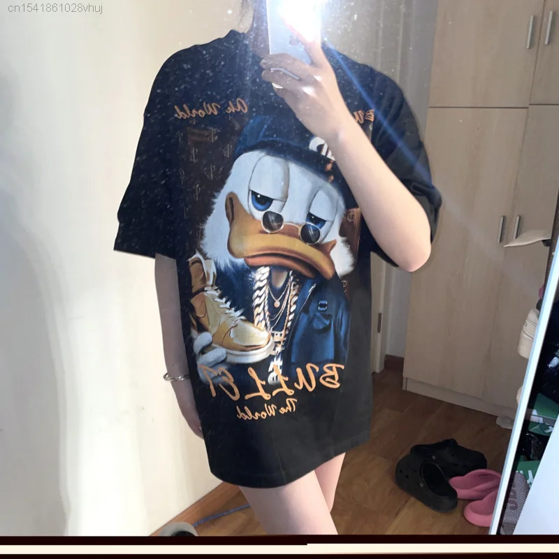 Disney Gothic Donald Duck Hip Hop Tshirt 90s Vintage Punk Black White Short Sleeve High Street Tees Tops Youthful Woman Clothing