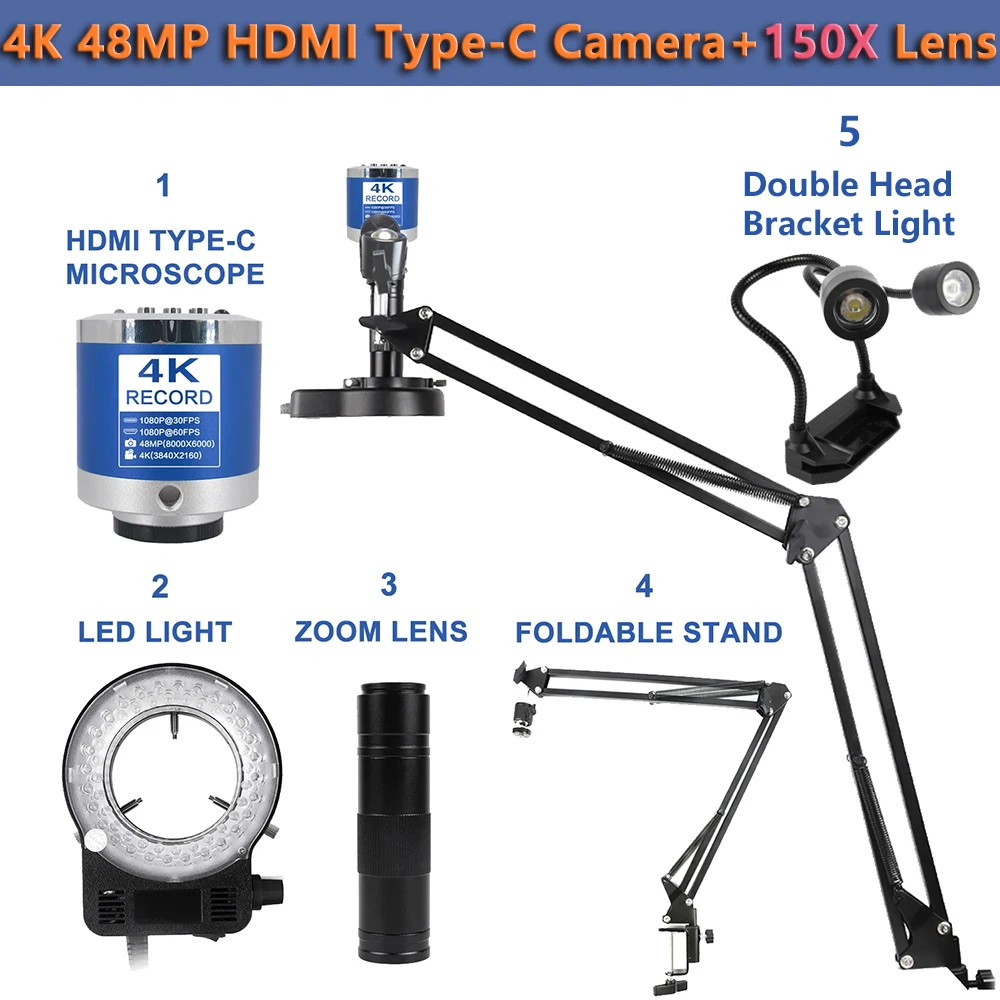 HD 4K 48MP HDMI Type-C Industrial Video Microscope Camera 1-150X Zoom C Mount Lens Remote Control For Digital Image Acquisition