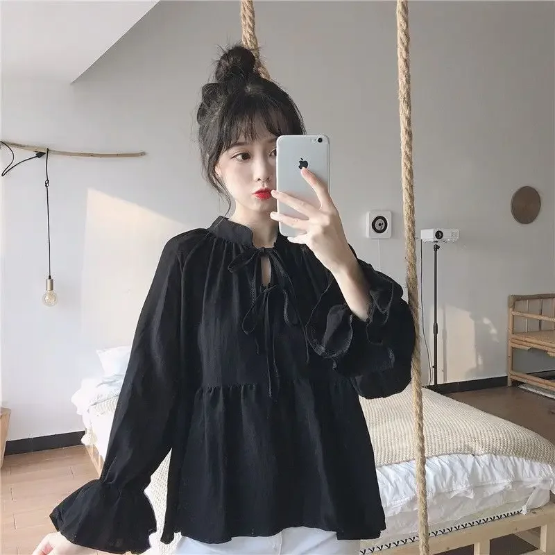 Spring New Long Sleeve White Blouse Solid Color Lacing Loose All-match Pleated Shirt Tops Preppy Style Fashion Women Clothing