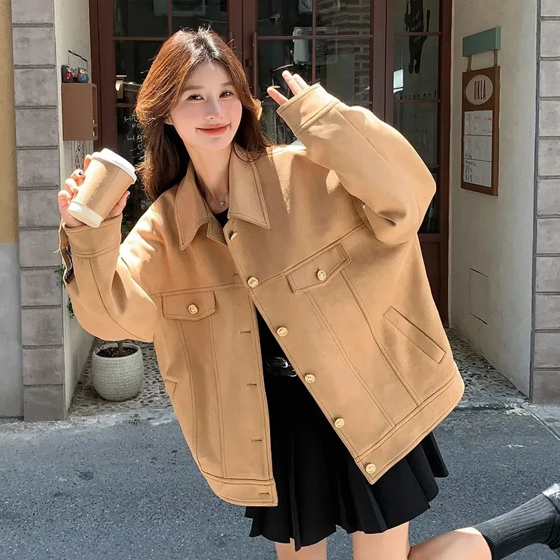 

Замшевый джат в стиле ретро, женский свободный пилотный сле, модный весенне-осенний новый топ из полиэфирного волокна, 00% женская одежда