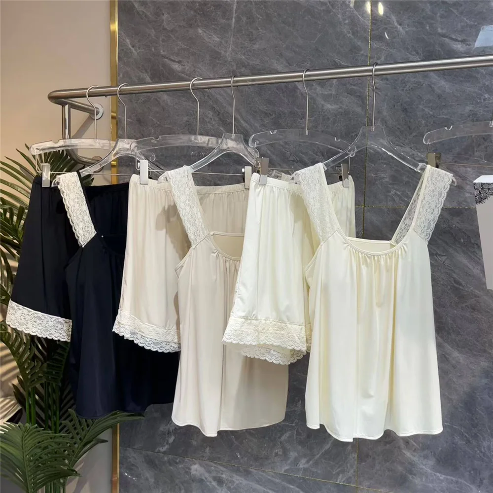 Summer Lace-Paneled Camisole Top / Shorts Pajama Women's Two-Piece Loungewear Set