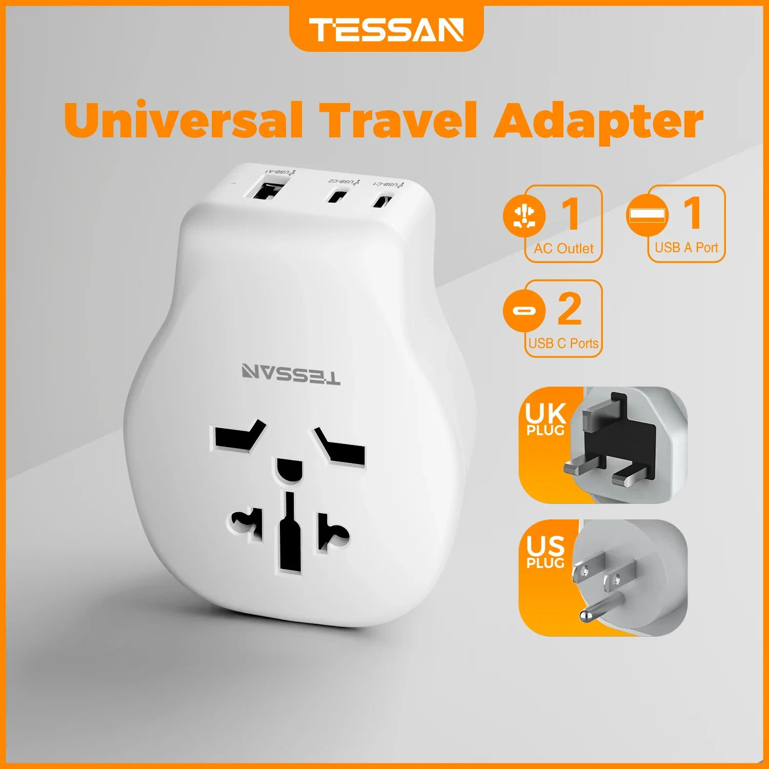 

Дорожный адаптер TESSAN с вилкой UK/US/EU/AUS/IT/JPN, универсальная розетка переменного тока, 3 USB-порта, многонастенная дорожная розетка для путешествий в США, Великобритании