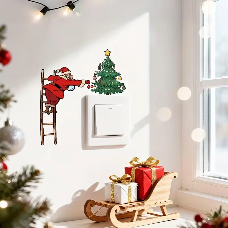 Santa Claus climbing ladder decoration Christmas tree switch stickers, home wall stickers