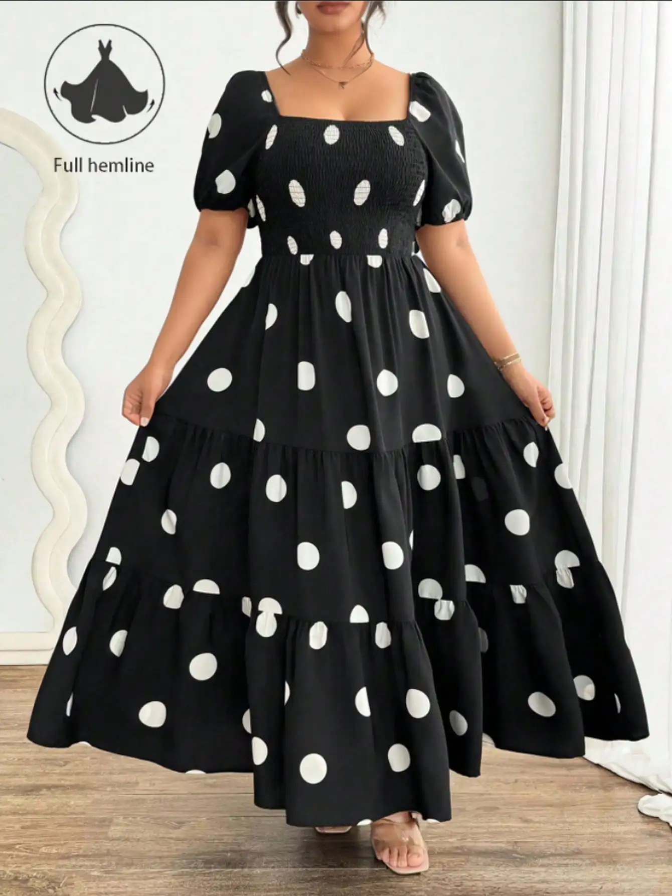 Vestido largo negro con lunares y mangas con volantes para mujer, vestido elegante de verano con cuello cuadrado, línea A, adecuado para figuras regordetas