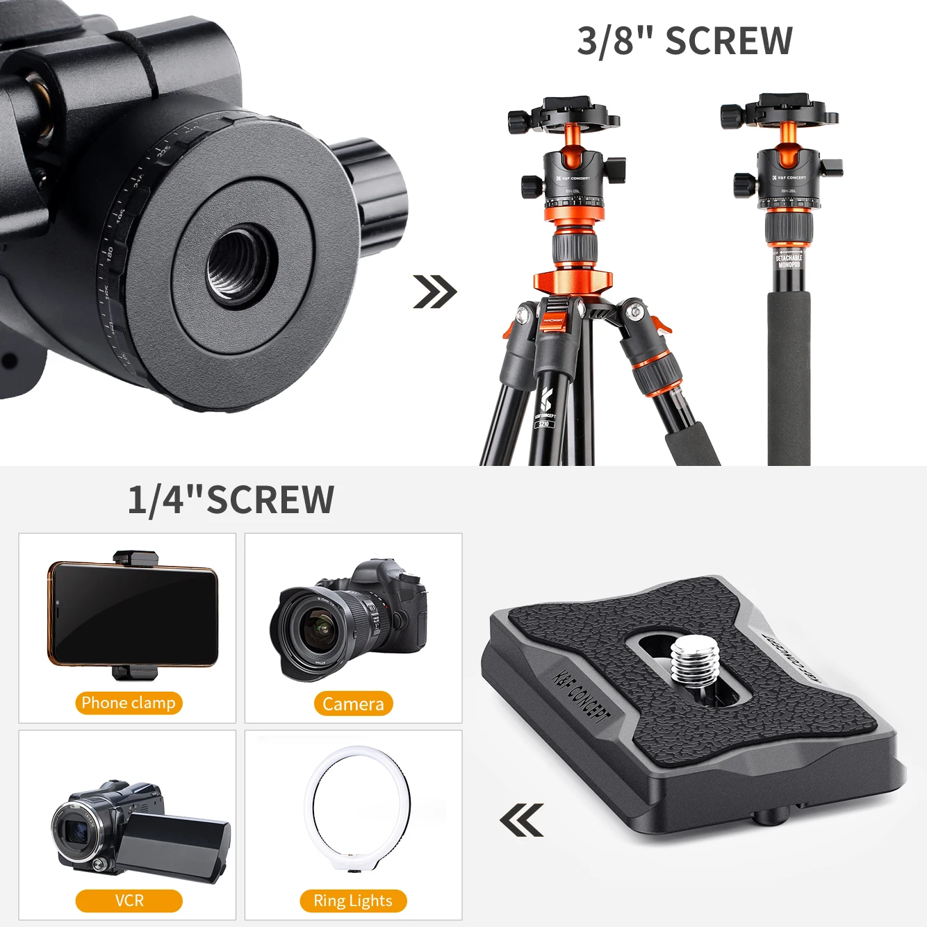 Cabeça esférica de tripé de metal K&F Concept 360 °   Panorâmica rotativa com bolha de placa de liberação rápida de 1/4 polegadas para câmera monopé com tripé