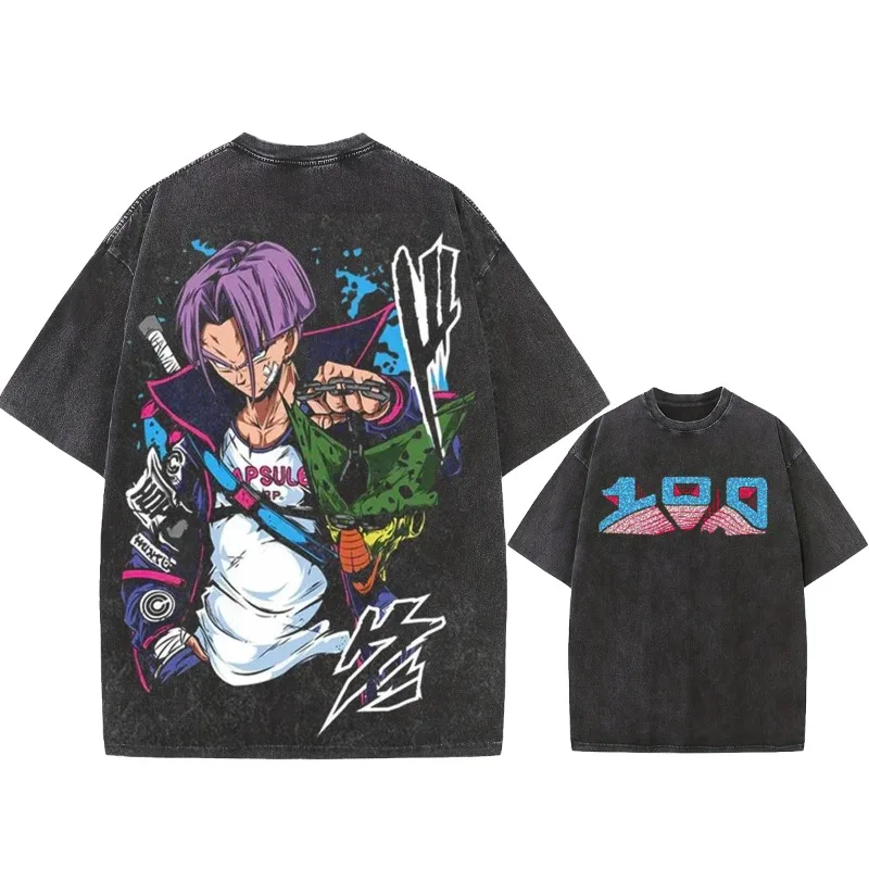 夏のメンズウォッシュ Tシャツ日本のアニメドラゴンボールトランクスグラフィック衣類トップス Y2K オーバーサイズコットン DBZ カップルの Tシャツ