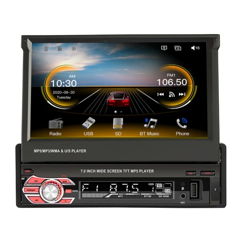 MOPECT 7-Zoll ausklappbares 1-DIN-Autoradio MP5-Player mit kabellosem CarPlay, TF, USB, AUX, SWC, AM/FM, Bluetooth, Touchscreen, Mikrofon und Kamera