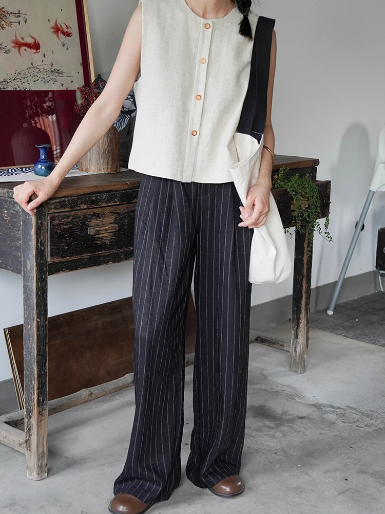 

Повседневные женские брюки в полоску, свободные широкие брюки с эффектом льна, удобные прямые летние модные брюки
