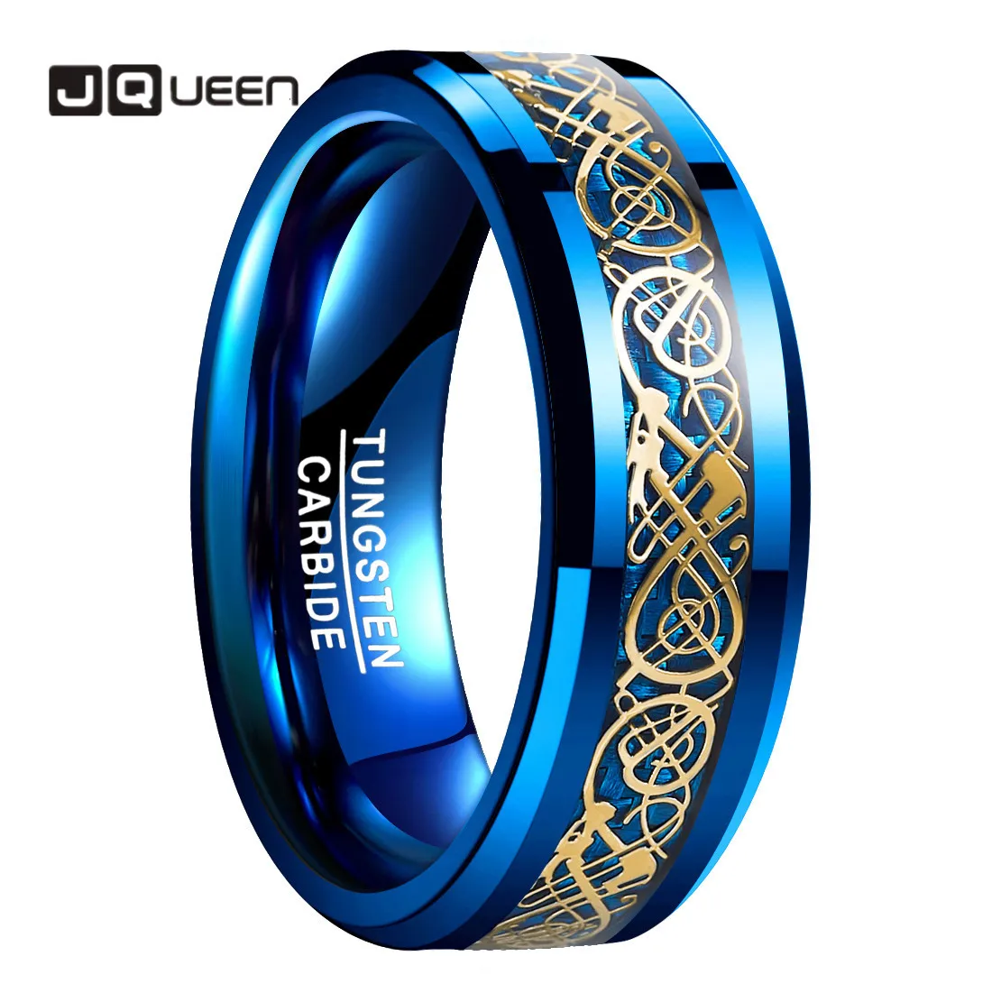 JQUEEN 8mm Men's Tungsten Carbide Ring Celtic Dragon Wedding Ring Band Blue/Black Carbon Fiber Engagement Ring Size 5-14