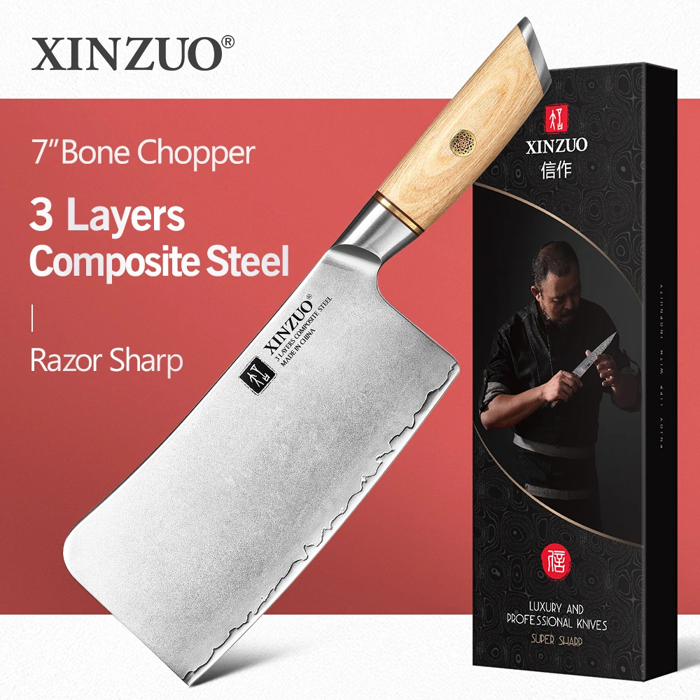 

XINZUO 7'' Inch Bone Chopper Chef Knife 3-layer Composite Steel Kitchen Knives Stainless Steel Slicing Meat Vegetables Tools