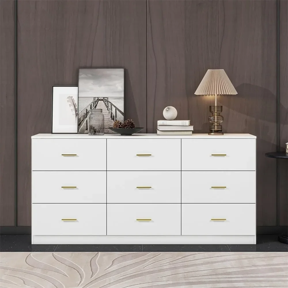 Dressers White table in the bedroom, large 9 drawers with gold handles, furniture in the bedroom, TV cabinet in the bedroom