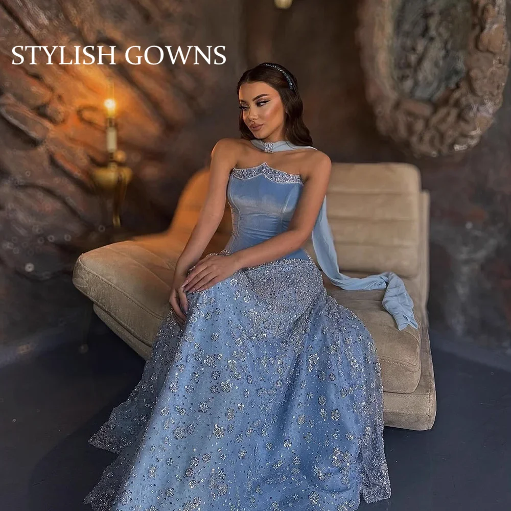 

Luxury Arabic Blue Beaded A-Line Evening Dress Elegant Women Formal Gown Customized فساتين سهرة Prom Gown Vestidos