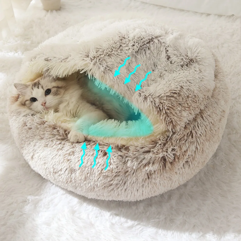 Cat Bed Pet Mattress Warm Soft Plush Pet Bed Enclosed Round Cushion Comfortable Sleep Bag Cat 2 In 1 Warm Cats Basket Sleep Bag