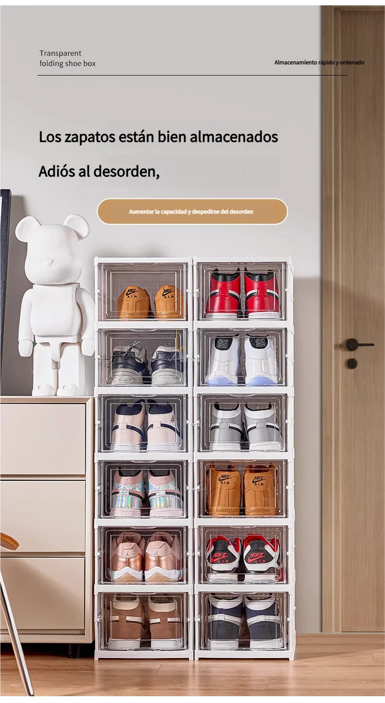 

Прозрачная складная коробка-органайзер для обуви, большая, выдвижная, штабелируемая, не требует сборки.