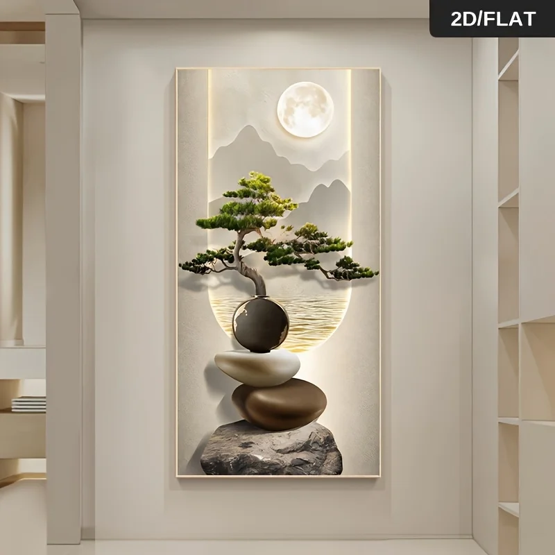 Frameless Modern Abstract Canvas Wall Art - Serene Mountain Moon River Landscape with Bonsai Tree & Stones, Nature-Inspired Pain