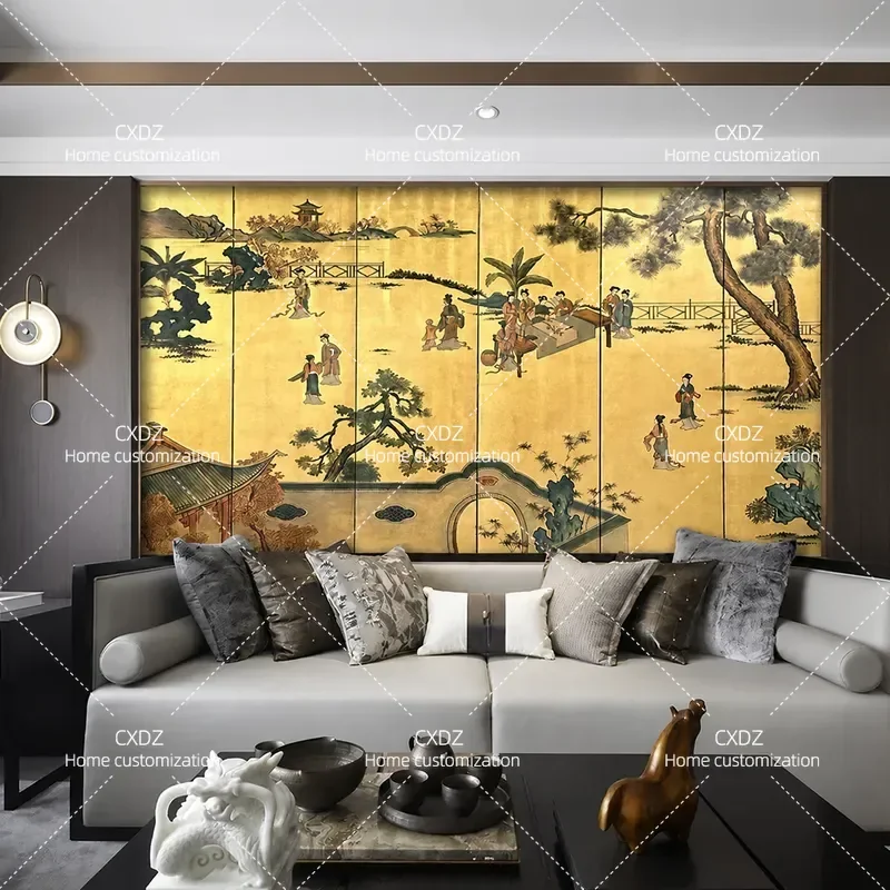 New Chinese Style Gold Foil Folding Screen Room Divider for Living Room Tea Room Entrance Background Wall Palace Figure Decor