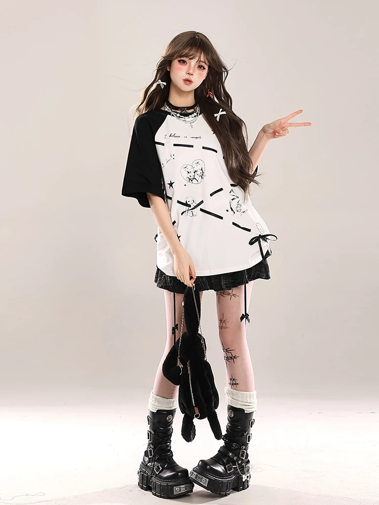 Sweet Cool Girls Y2K Top Cartoon Printed Lace-up Bow Round Collar Short Sleeve Loose Casual All-match T-Shirts Tees Women Summer