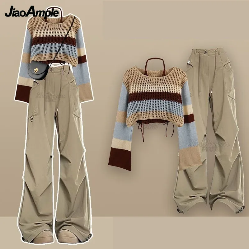 Women 2024 Autumn New Vintage Long Sleeve Knit Hollow Sweater+Vest+Loose Cargo Pants 3-Piece Set Korean Sportswear Matching Set