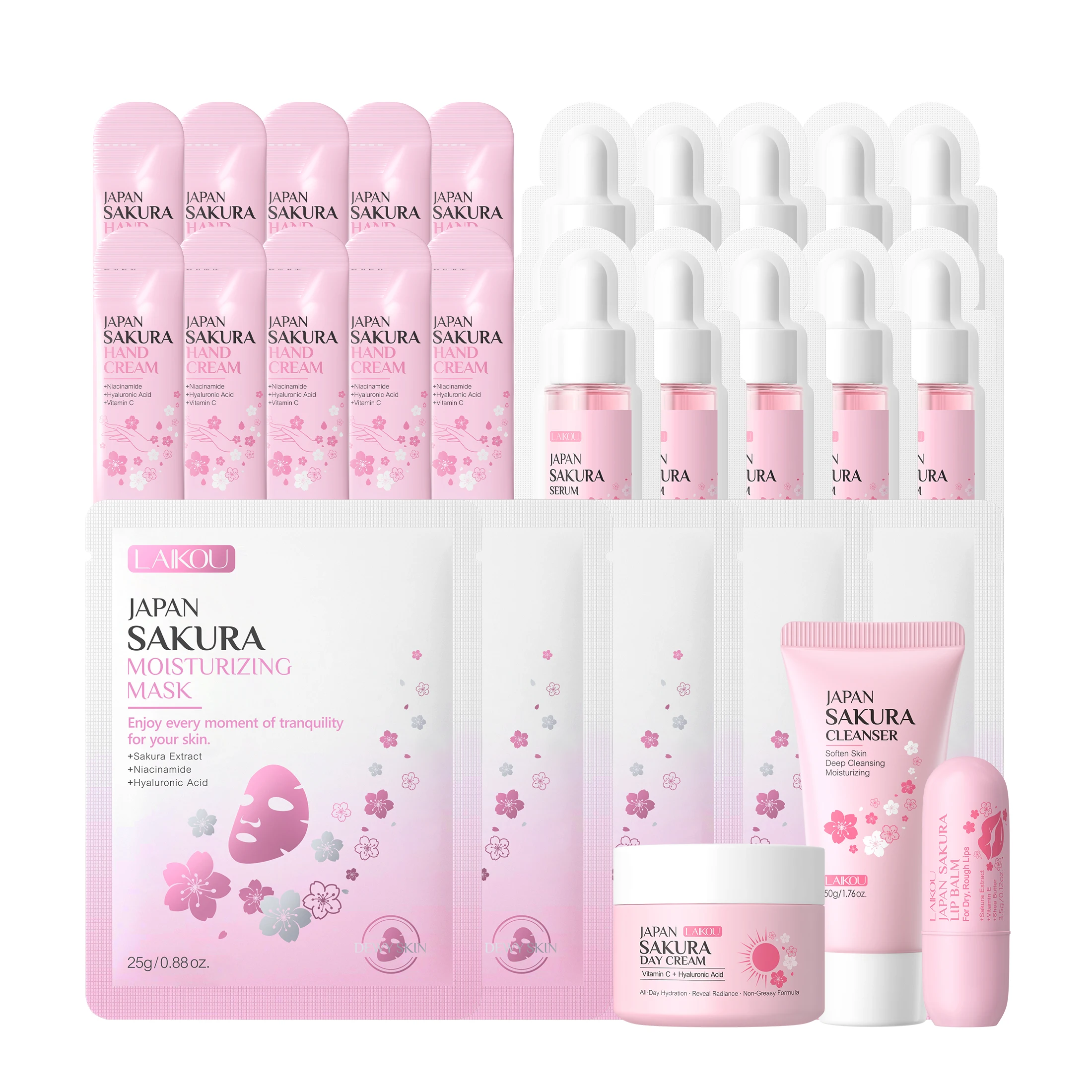 LAIKOU Japan Sakura Skin Care Set, Facial Cleanser, Day Cream, Serum Sachet, Mask Sheet, Hand Cream, Lip Balm, Hydrating Brighte