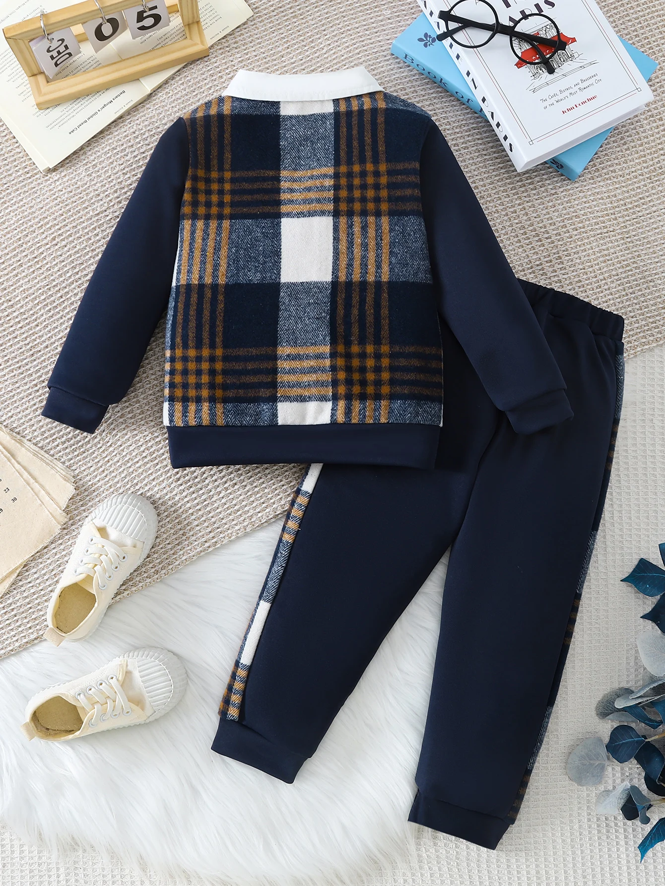 Boys Plaid Outfit Fake Two-Piece Design Comfortable Fit British Style Simple Elegant Long Pants Included for Easy Movement