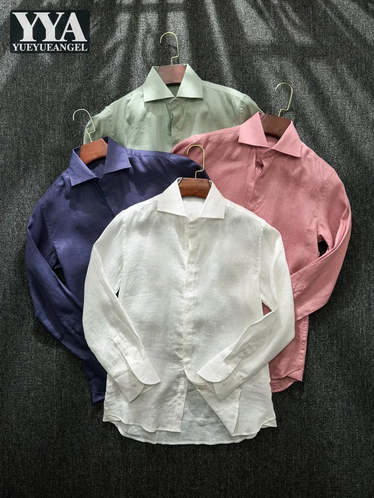 Mens Summer Fashion Linen Long Sleeve Shirts Breathable Business Casual Tops Single Breasted Turndown Collar Soft Daily Shirt