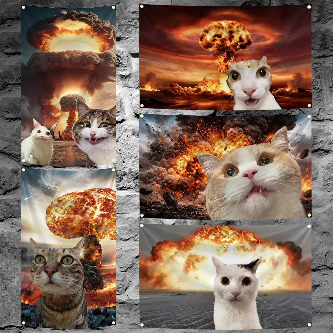 60x90cm 90x150cm 120x180cm Funny Cat Nuclear Explosion Meme Flag Banner Sad Face Cat With Atomic Background Wall Decor