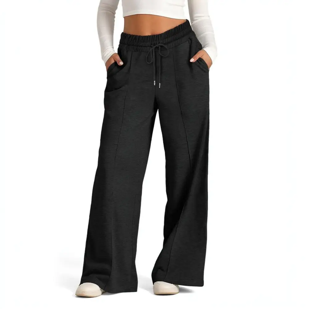 Womens Casual Wide Leg Pants Drawstring Elastic Waist Loose Fit Solid Color Soft Breathable Comfortable Trousers