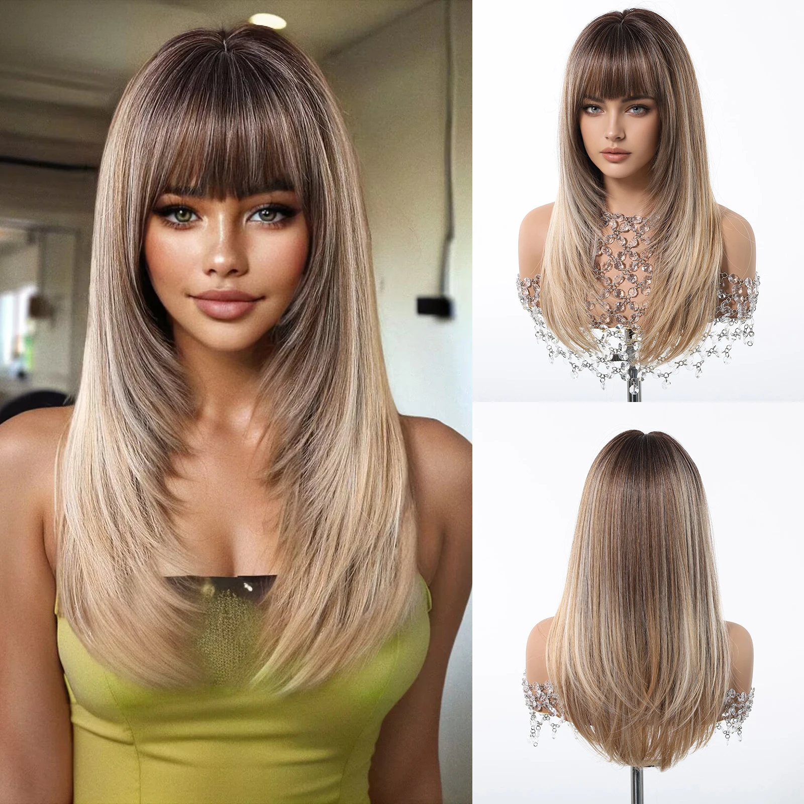 

Светлый прямой синтетический парик с омбре с челкой, многослойные концы, натуральные длинные прямые волосы для женщин, повседневный косплей, термостойкий