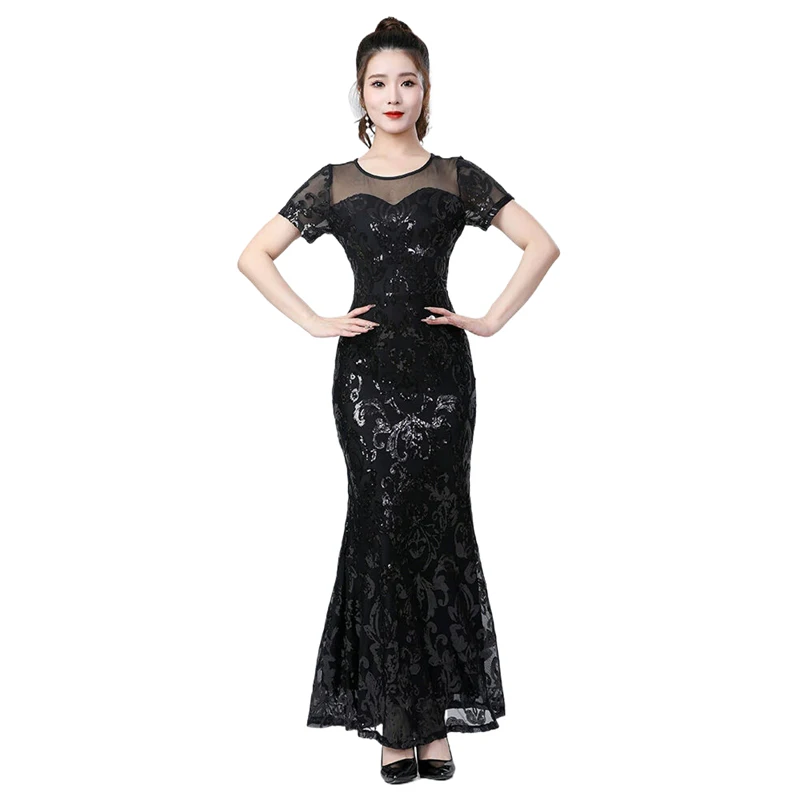 Damen Pailletten-Meerjungfrauenkleid, langes Abendkleid, kurze Ärmel, formelles Kleid für Party, Bankett, Bühnenauftritt, Hochzeitsgast, Maxikleid – Detail 1
