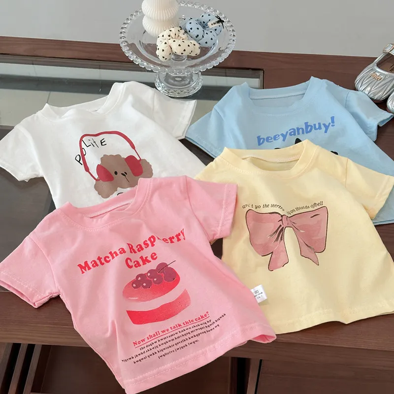 Sommer-T-Shirt aus Baumwolle für Kinder, kurzärmelig, niedlicher Cartoon-Druck, Rundhalsausschnitt, weiche Oberteile für Babys, Kleinkinder, Jungen, Mädchen, Kinderkleidung