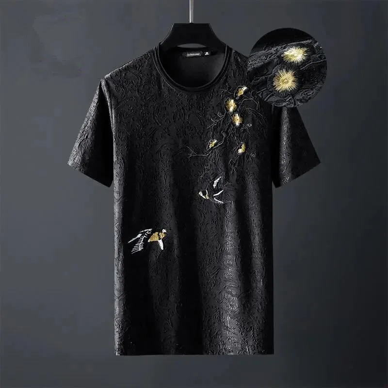 men Summer Brand Leisure Sports Suit Men's Personality Plum Blossom Embroidered Slim Korean Shorts Short Sleeve Two-Piece Set