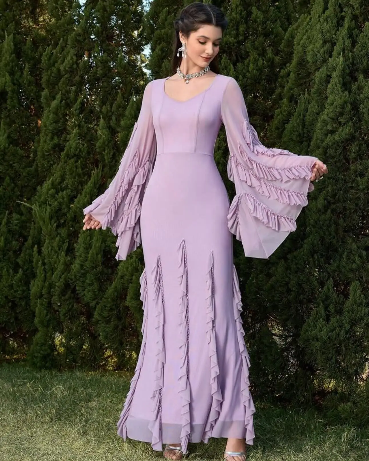 

Customized Temperament O-Neck Chiffon Evening Dresses Graceful Long Sleeves Pleats Purple Vestido De Festa Vestido De Noche