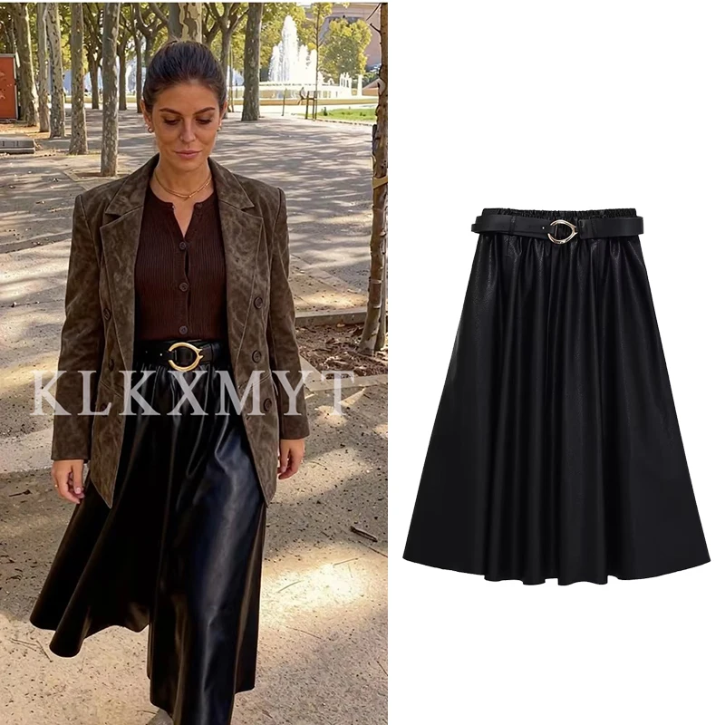 

Women Leather Skirts 2025 Women Summer Autumn New Fashion Solid Color With Belt Wrinkle Skirts Women Elegant High Waist Skirts