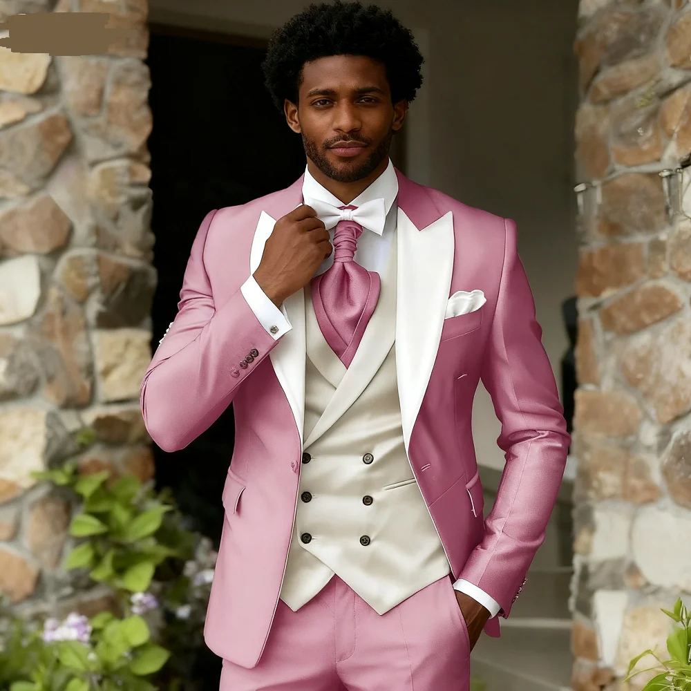 

Pink Men's Elegant Peak Lapel Tuxedo 3-Piece Suit with Blazer Vest And Pants Set for Formal Business Prom Grooming
