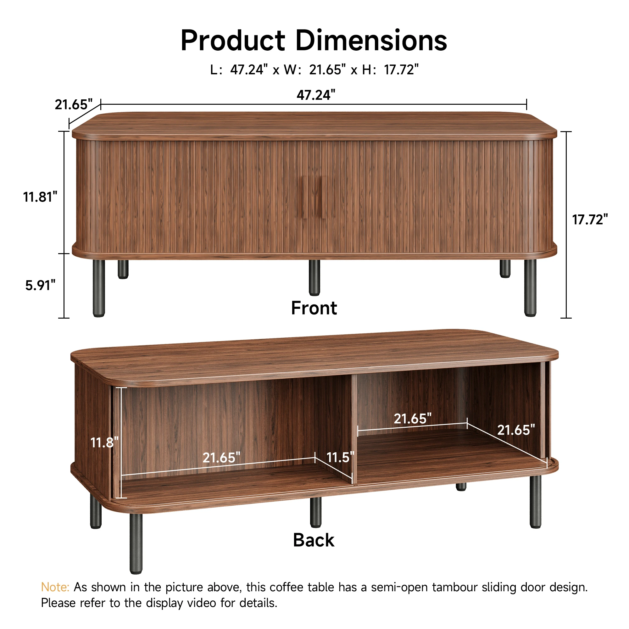 Coffee Table with Storage,47.2" Mid Century Coffee Table,Rectangle Center Table with Sliding Tambour Door & Adjustable Leg