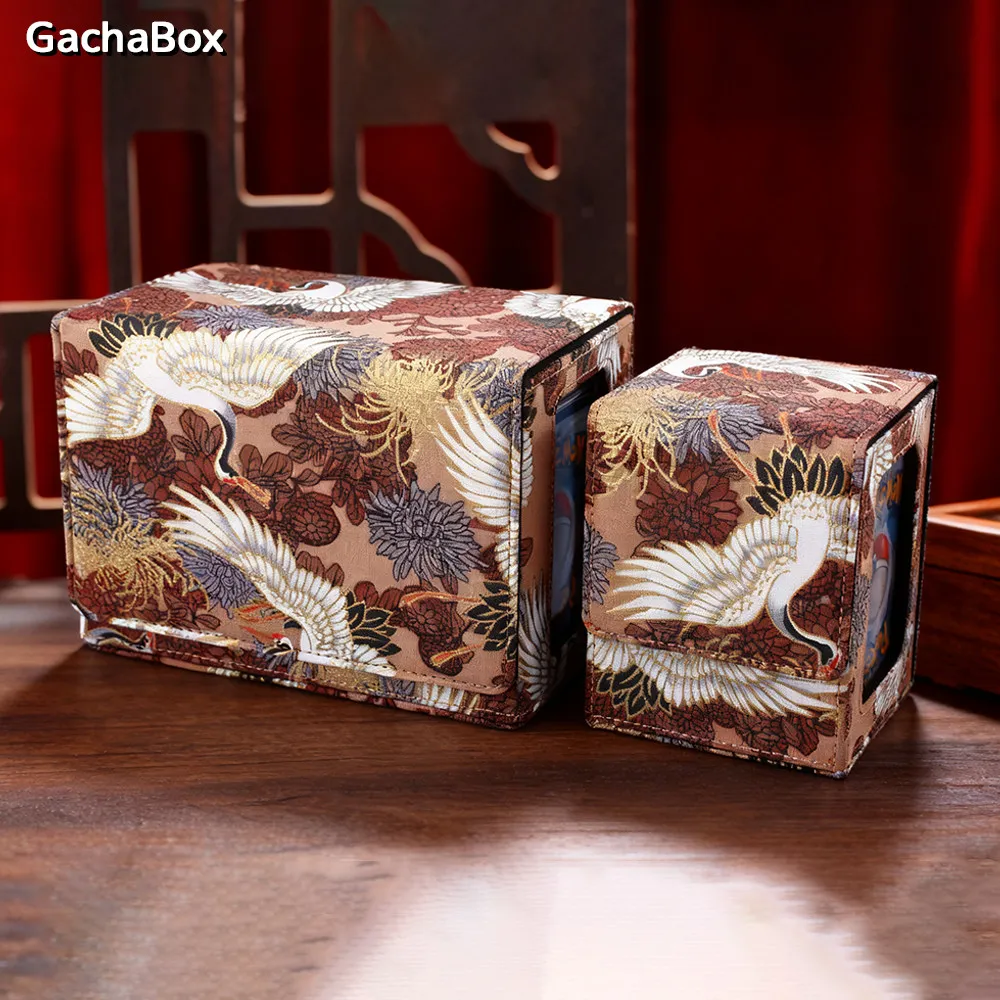 Warm brown cloth storage box with crane motif and transparent window for card organization — compact 11x12 cm design ideal