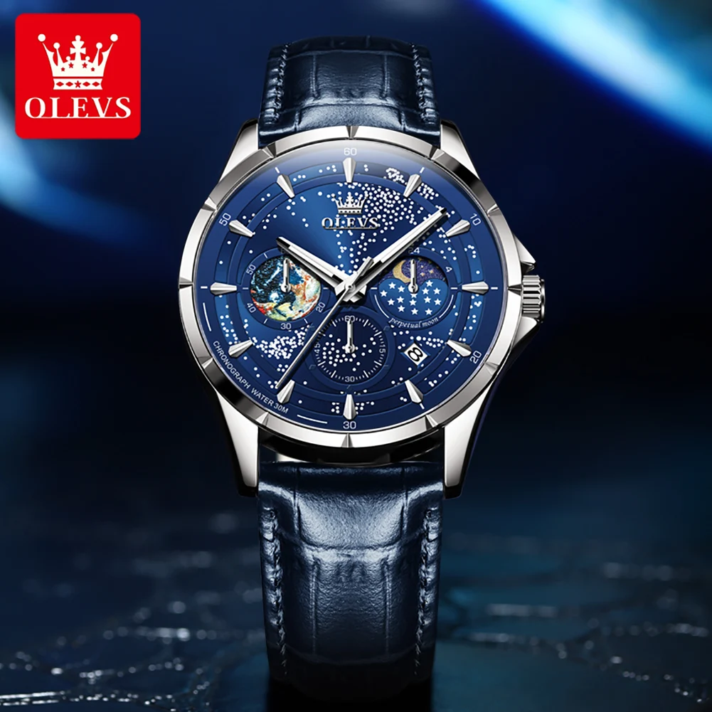 OLEVS Top Brand Starry Blue Quartz Watch for Men Leather Strap Men\'s Wristwatch Moon Phase Chronograph Sport Watch Original New