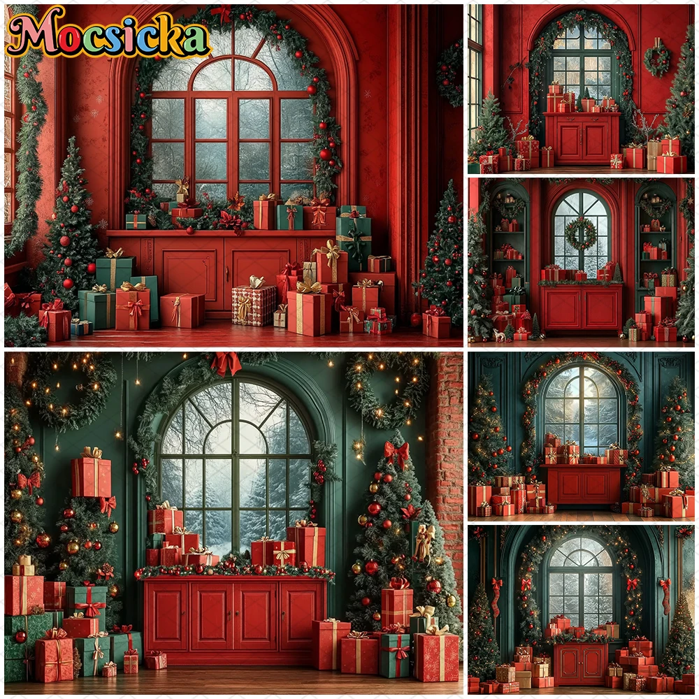 

Mocsicka Christmas Photography Backdrop Red Cabinet Wall Green Tree Window Decors New Year Party Photo Backgrounds Studio Banner