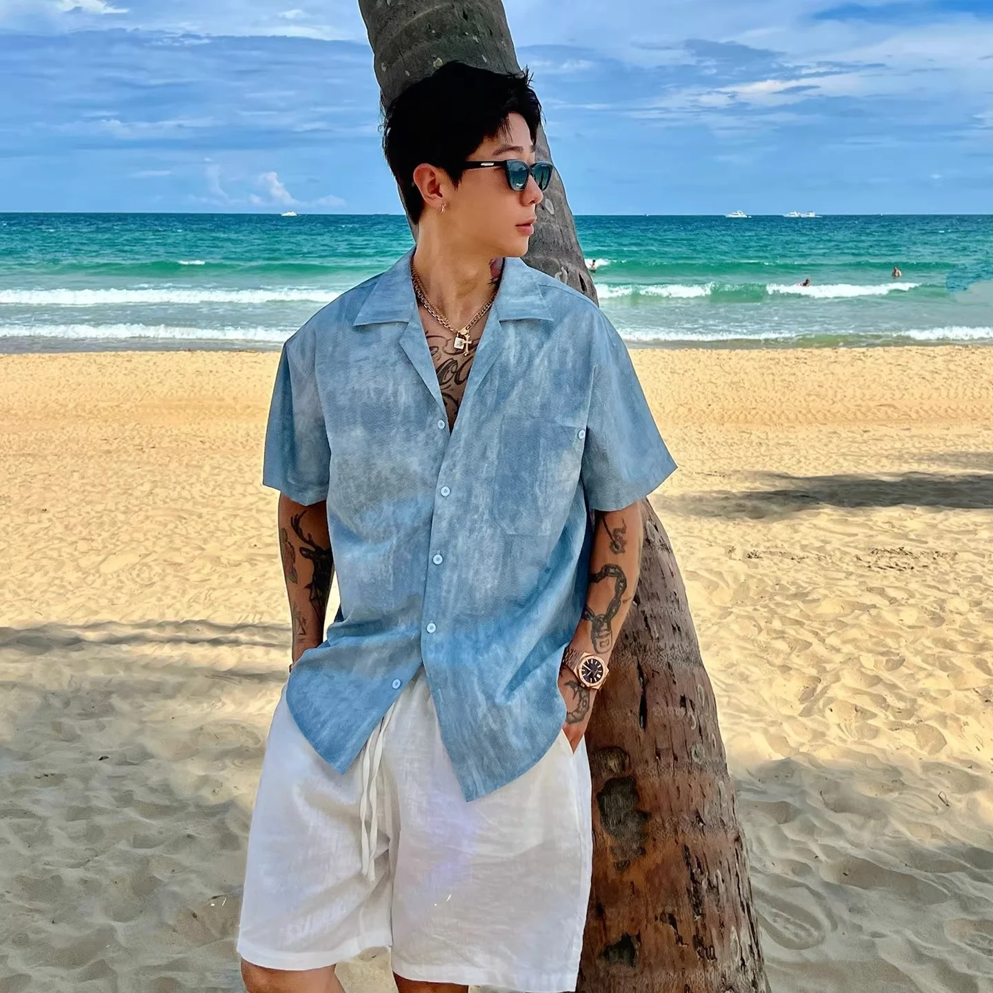 

Loose Cuban Collar Bubble Shirt Men's Short Sleeve Shirt Oxfreak Ice Blue Dyed Men's Casual Wear Polyester Fiber Four Seasons