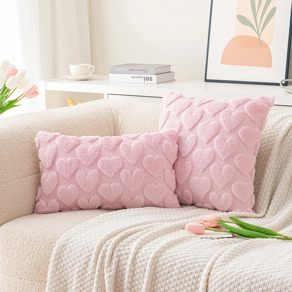 Valentine's Day Imitation Rabbit Fur Big Love Pillowcase Pink Three-dimensional Embroidered Solid Cushion Cover for Home Decor