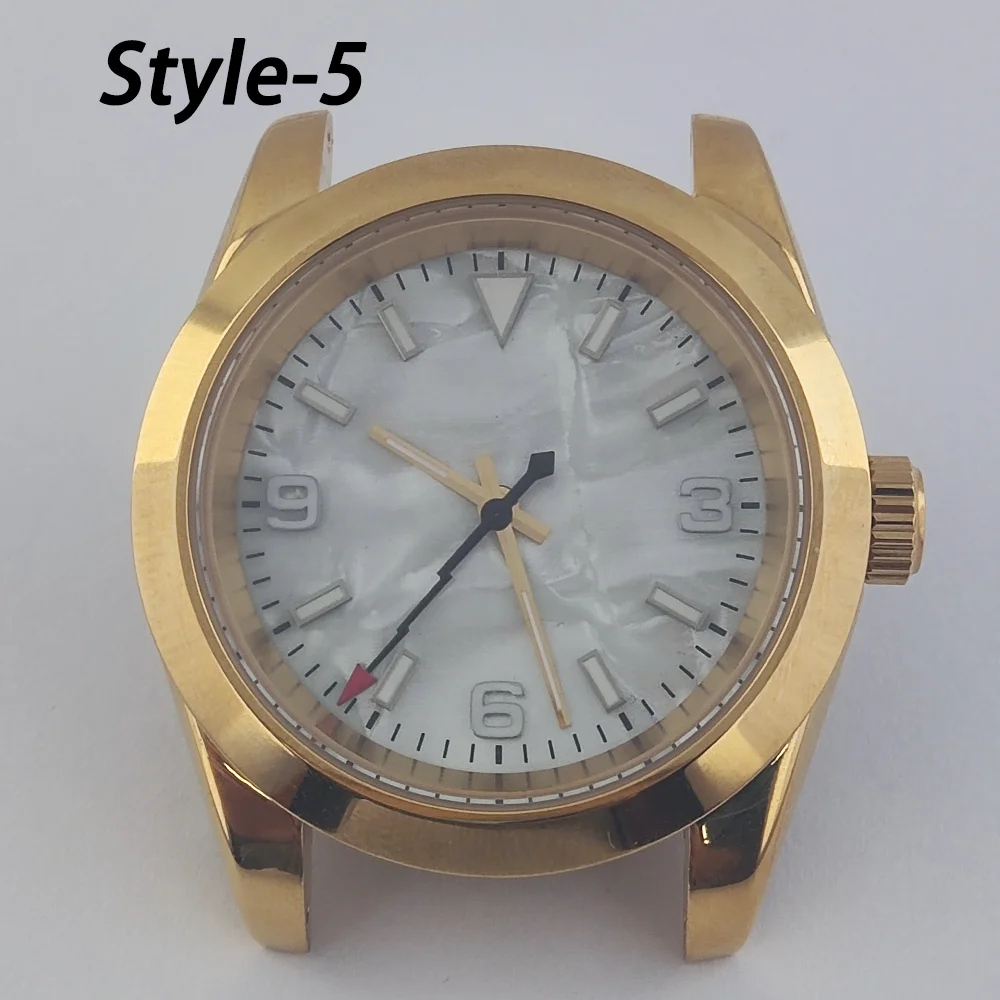 39mm caseGolden stainless steel caseShell dial with lightning handsSuitable for NH35/NH36 movementsSupports customised logos