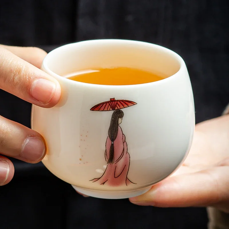 Chinoiserie Style White Porcelain Tea Cup, Figure Manual Kungfu Tea Set, High-end Tea Cup, Ceramic Personal Special Single Cup