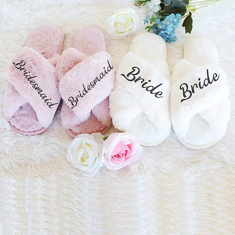 Bride Bridesmaid Fluffy Slipper winter Bachelorette Party bridal shower Wedding Spa Sleepover Girls Night Favor Proposal gift