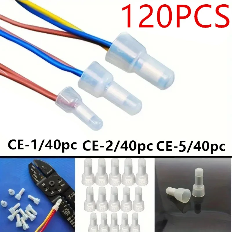 120pcs transparent closed end-line crimp connector, protection line crimp cap line connector, 3 Sizes(40pcs Per Size) fast termi