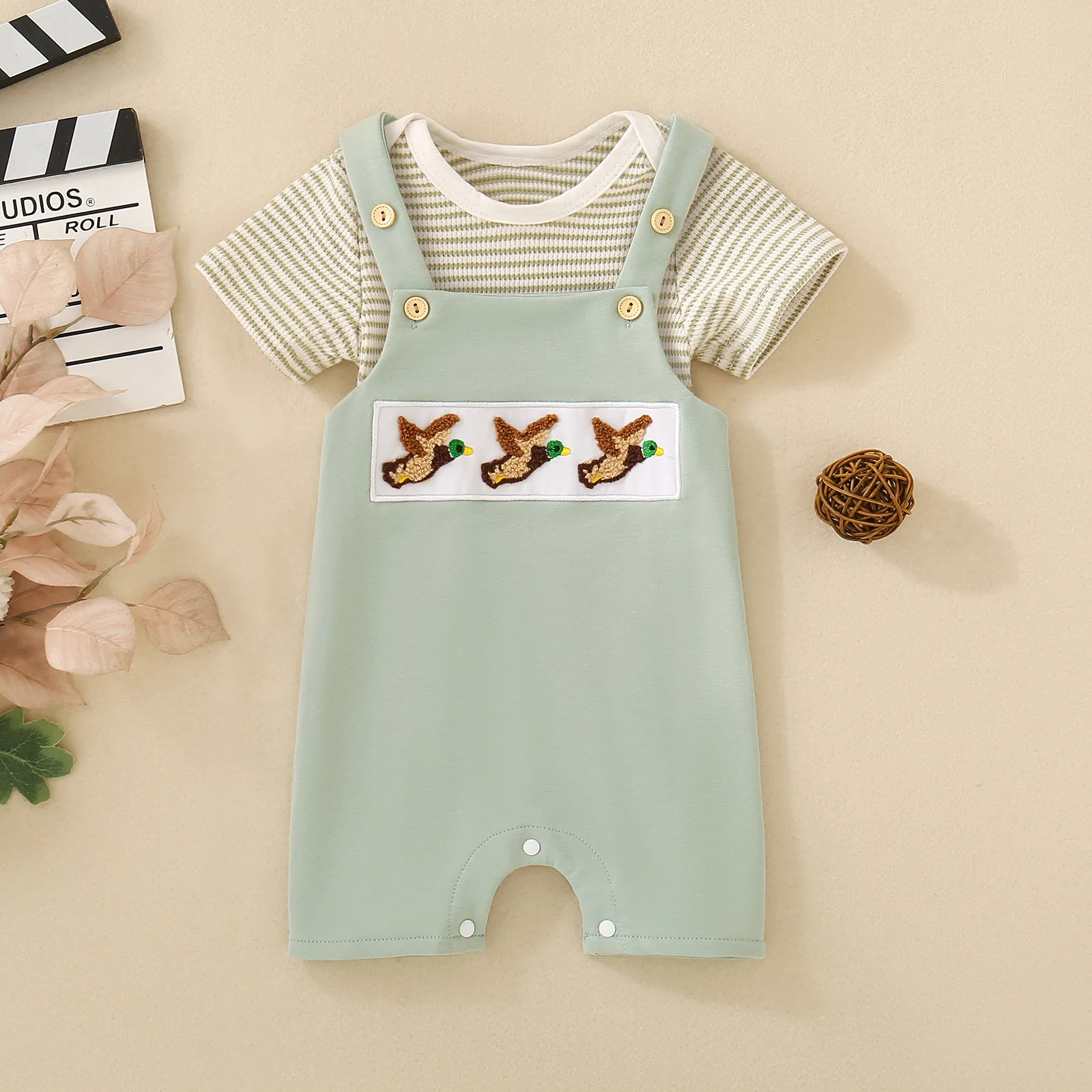 Summer Neutral Infant Brown Striped Short Sleeve Romper and Three Birds Overalls Two-piece Set