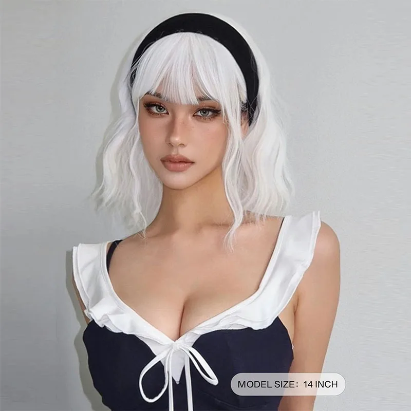 Curly Bob White Platinum Synthetic Wigs with Bangs for Women Short Cosplay Lolita Wavy Wig Natural Hair Heat Reisitant Daily Use