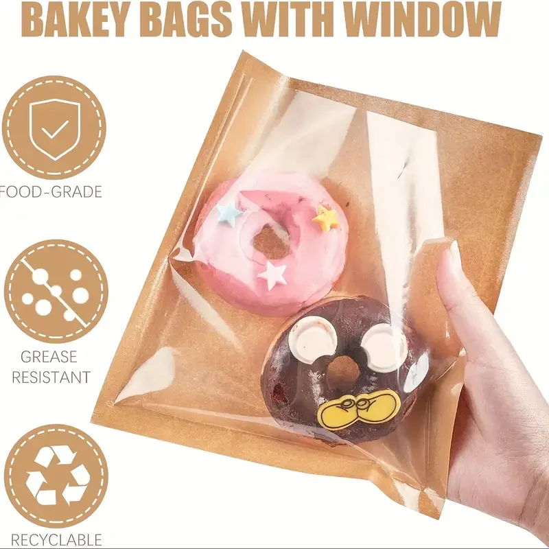 100-Piece Kraft Brown Toast Bags With Clear Window - Waterproof, Oil-Proof, Self-Sealing Bakery Bags For Bread & Pastries